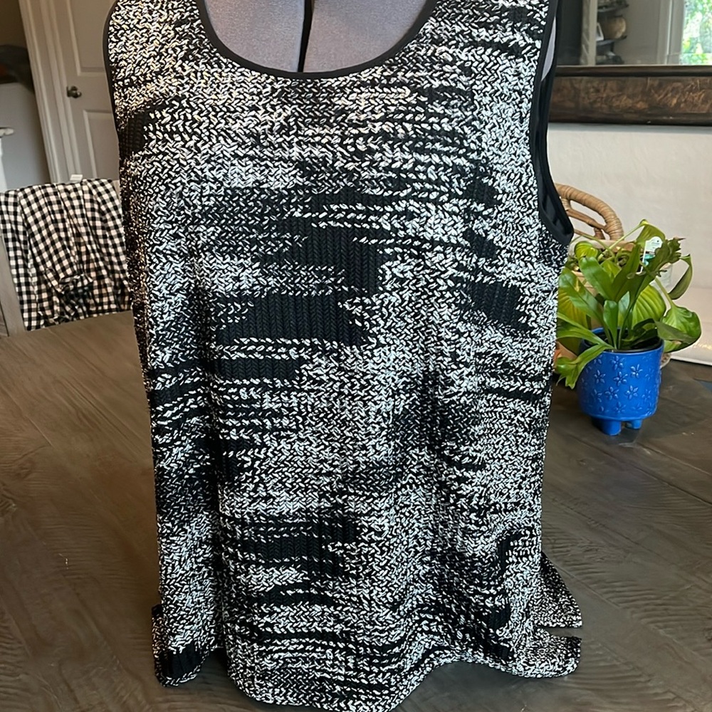 Kasper sleeveless top, black and grey with silver threads running throughout.